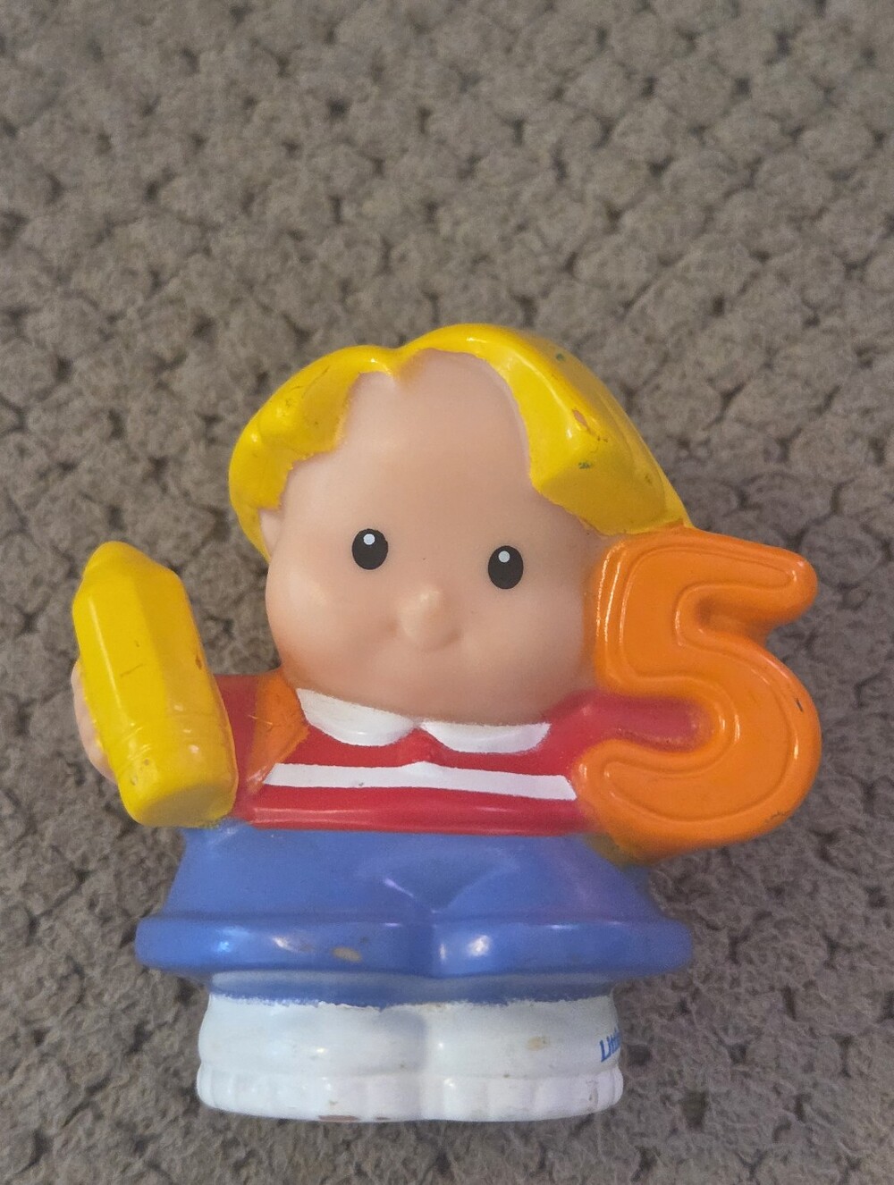 Fisher Price Little People EDDIE BLONDE BOY holding #5  Pencil, backpack w/ frog